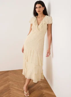 Yellow Ruffle Print Midi Dress
